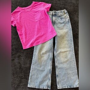 NWOT H&M Light Blue Baggy Jeans & Cat & Jack Pink Tee Size 8